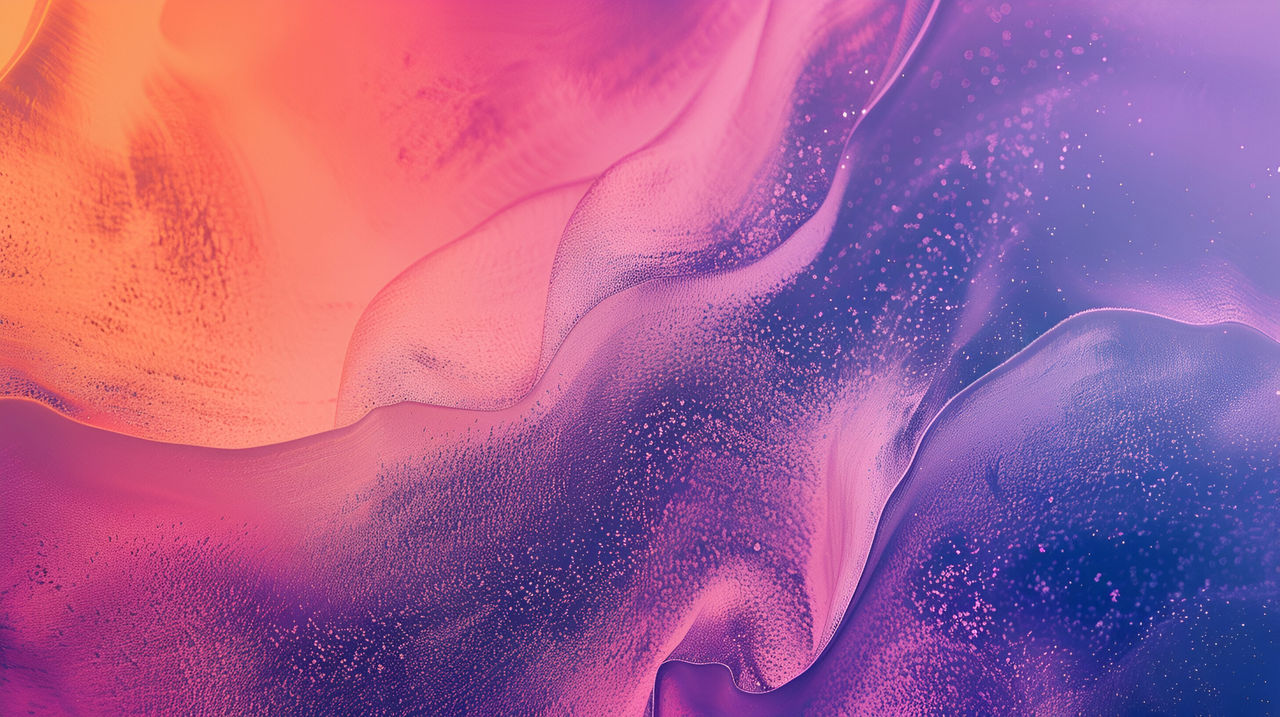 Abstract poster design with noise texture and purple, orange, blue, and pink gradient background copy space